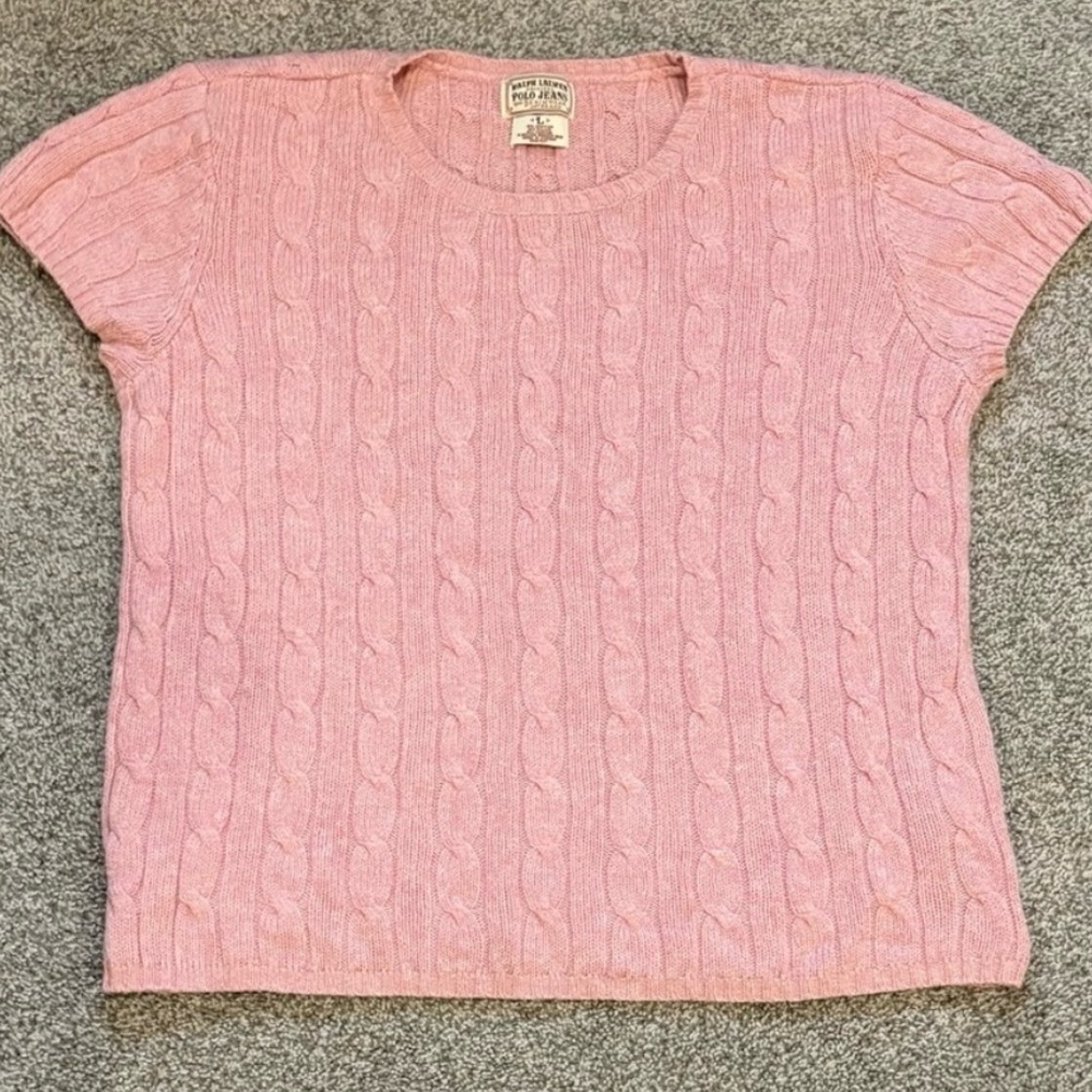 Ralph Lauren Vintage Y2K “Baby Tee” Pink Cable Knit Angora/Cotton Blend Sweater